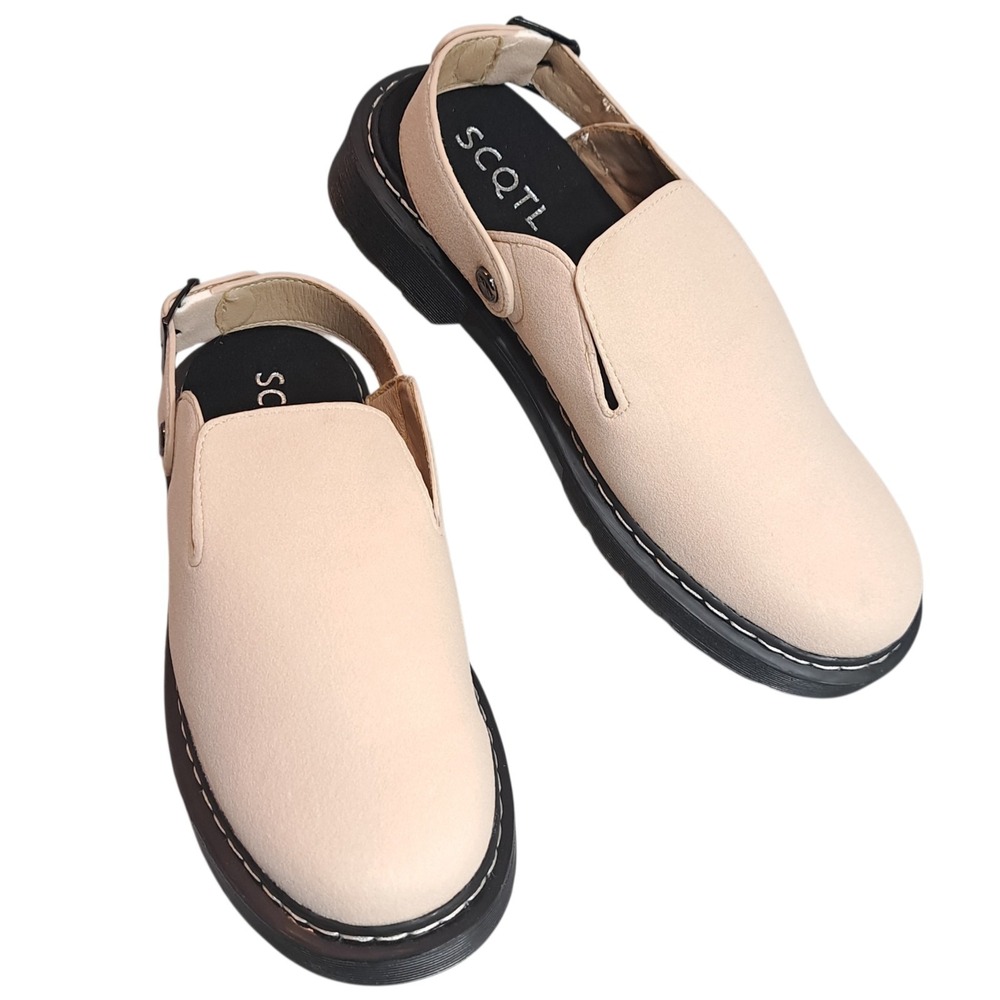 SCQTL‎ Women's Mule Clogs Beige Size 6.5/37 Faux Suede Slip-On Buckle Comfort